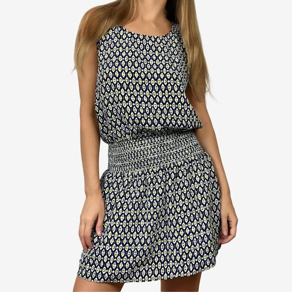 Joie Lawska Mini Dress Medium Blue Silk Geometric Casual Boho Chic Softcore - Picture 1 of 14